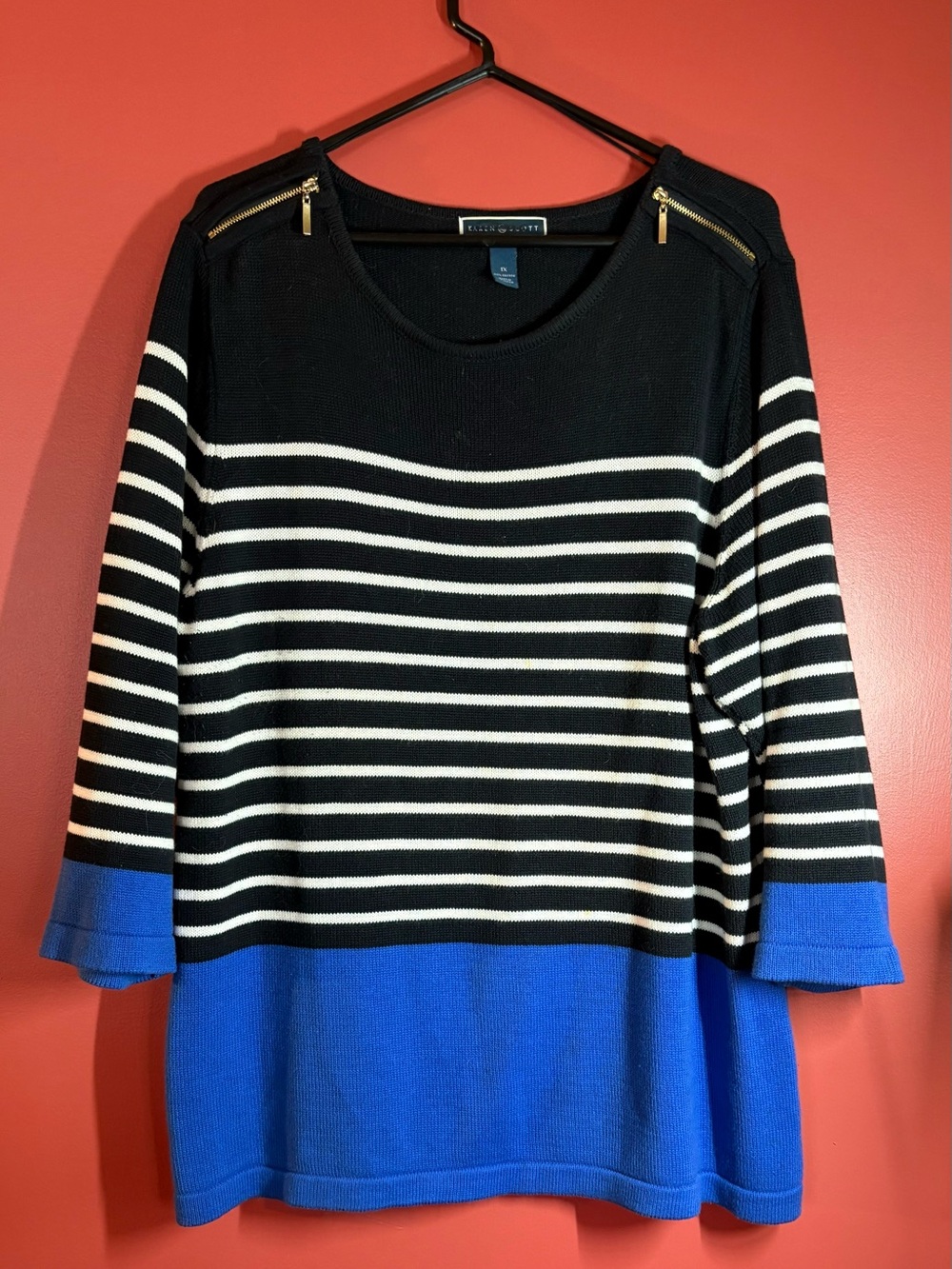 Karen Scott Black & White Striped Sweater with Cobalt Blue Hem